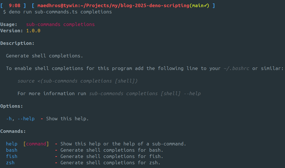 sub command completions help screen