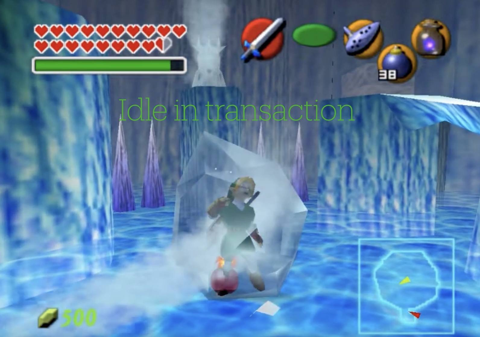 Link fra Zelda, med teksten Idle in transaction over seg